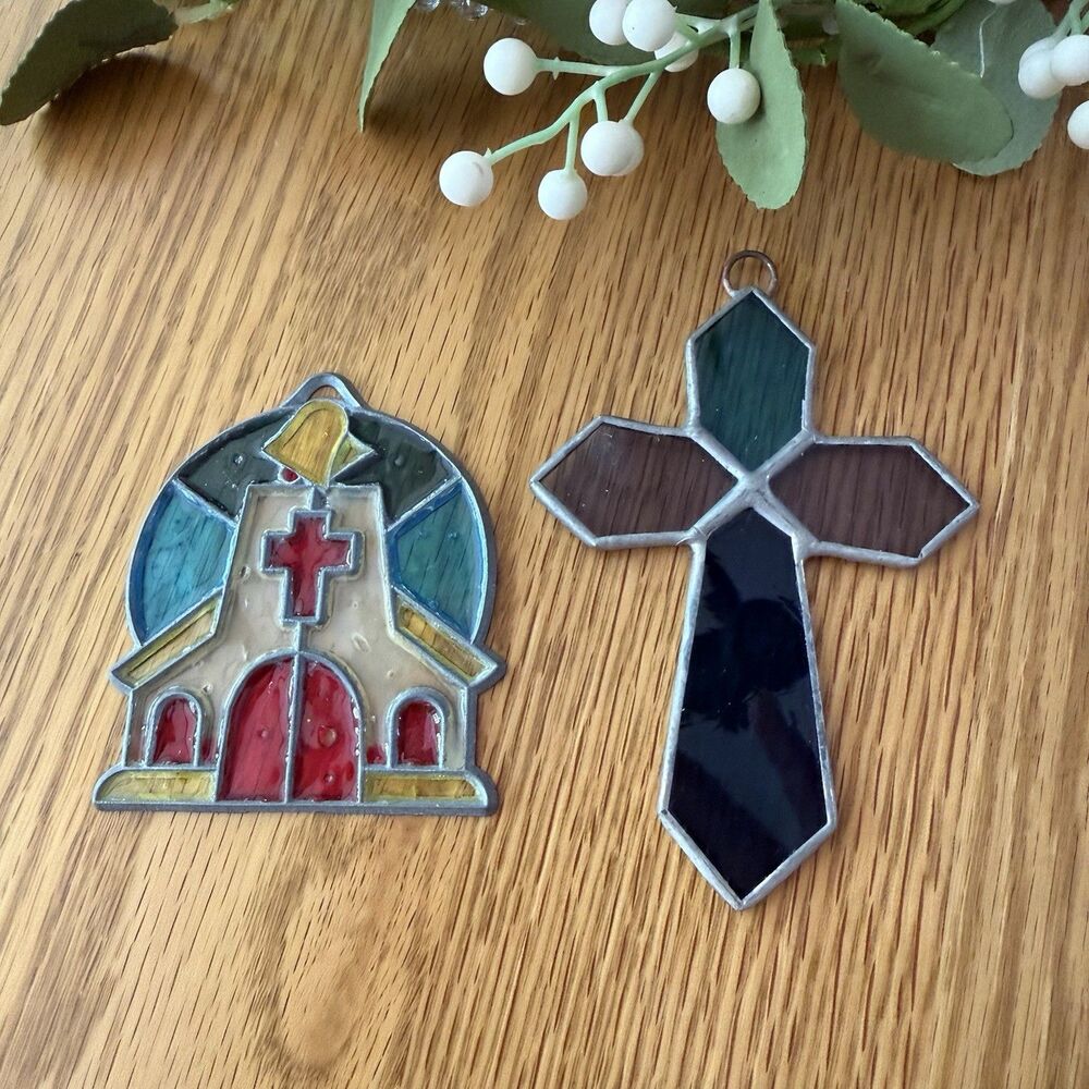 Vintage Stained Glass Church Suncatcher & Cross Religious Decor Lot